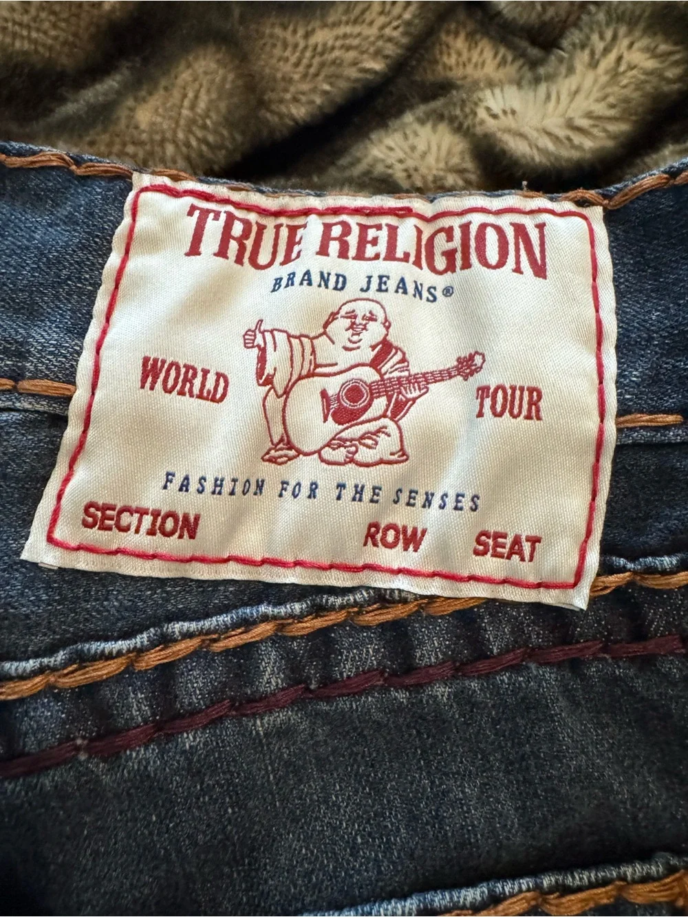 True Religion Men's Dark Blue Jeans with Orange Contrast Stitching